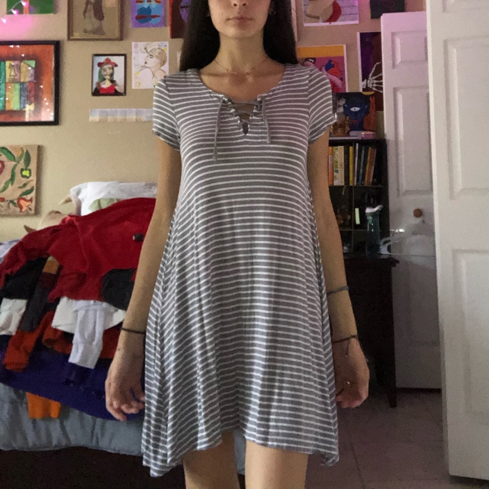 Grey and white striped flowy dress